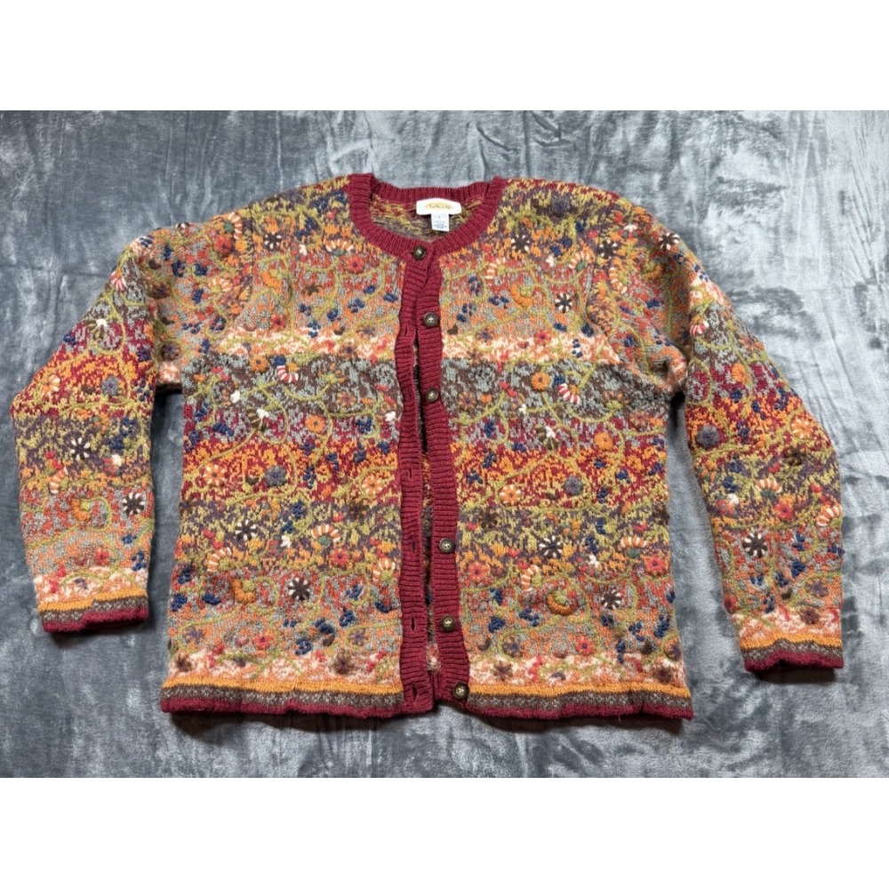 Vintage Talbots Cardigan L Silk Cotton Linen Lambswool Fair Isle Embroidered